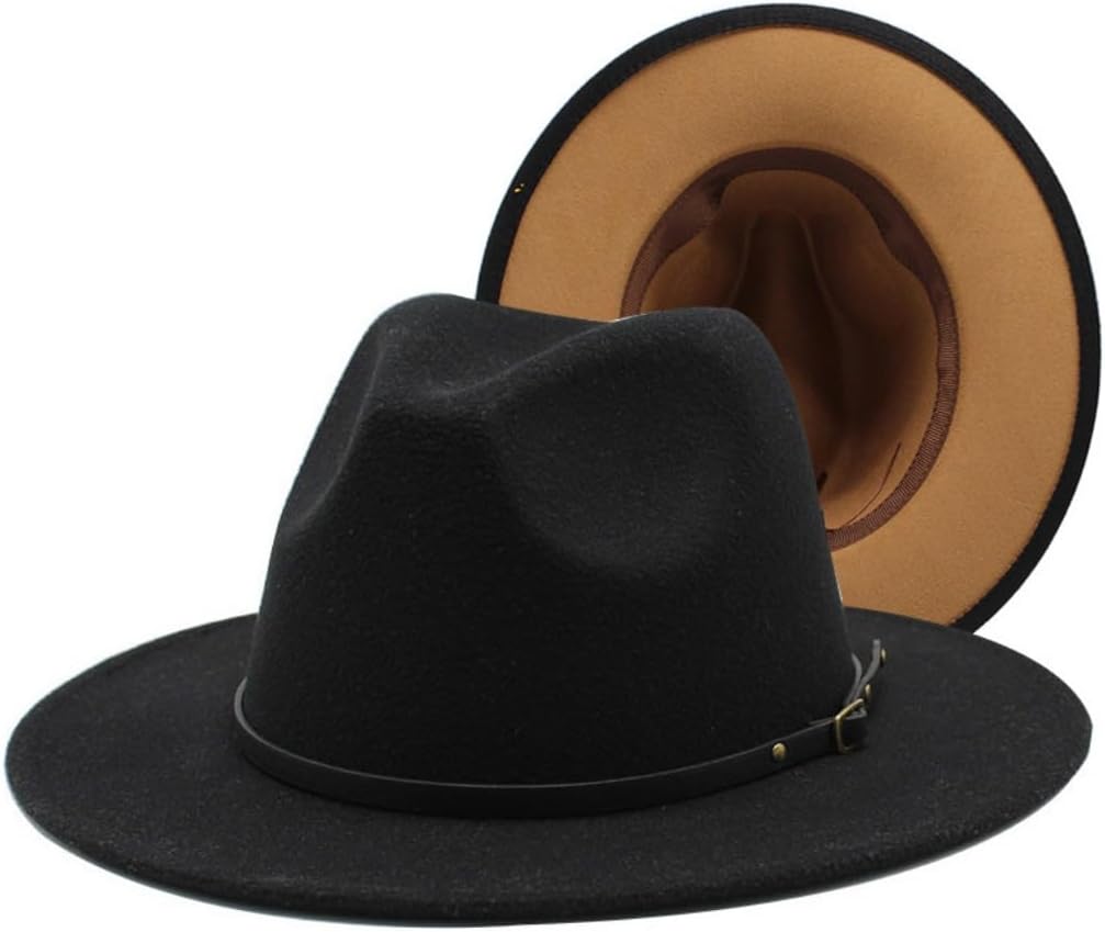 Wide Brim Fedora Hat with Black Band, White and Black Reversible, Wool Felt