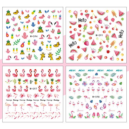 1300+ Pcs Nail Art Stickers Pineapple Watermelon Kiwi Flamingo Leaves Ocean Shell Mermaid Cactus Drinks Ice Cream Hawaii Fingernails Decorations Self-Adhesive 3D Decals Sticker 24 Sheets #TOP4