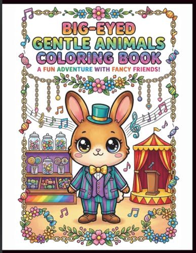 Big-Eyed Gentle Animals Colouring Book: 50 Kawaii Cute Creatures in Candy Shops, Circus Acts and Whimsical Scenes for Kids, Teens and Adults