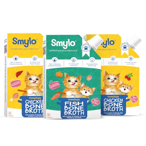 Image of Smylo Daily Hydration Booster, Chicken & Fish Bone Broth for Cats (2+1 Combo) | Best with Dry Food | Rich in Collagen for Bones & Joints | Omega 3 & 6 for Shiny Fur & Coat | Cat Food Topper