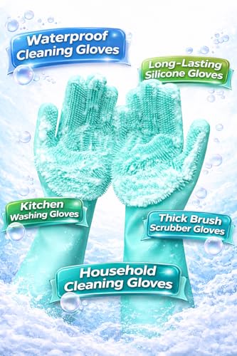 Image of Silicone Dishwashing Gloves with Built-In Scrubber | Reusable Cleaning Gloves for Kitchen & Household Use | Heat Resistant Hand Gloves for Washing Dishes & Plate Cleaning (Green, 1 Pair)