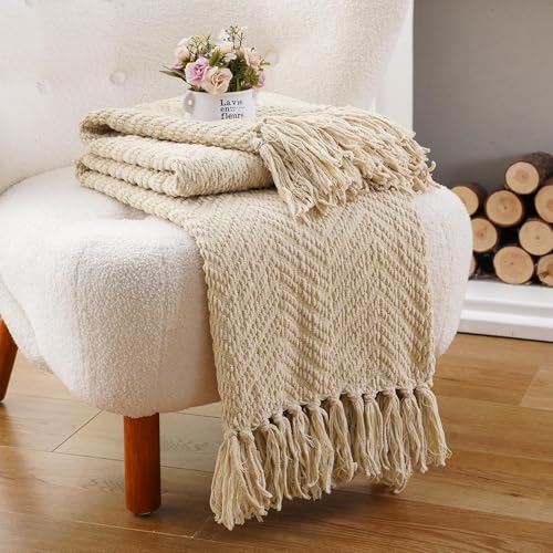Image of BATTILO HOME Beige Throw Blankets for Couch, Knitted Tan Throw Blanket for Twin Bed, Super Soft Warm Large Throws for Home Decor, 60 inch x 80 inch