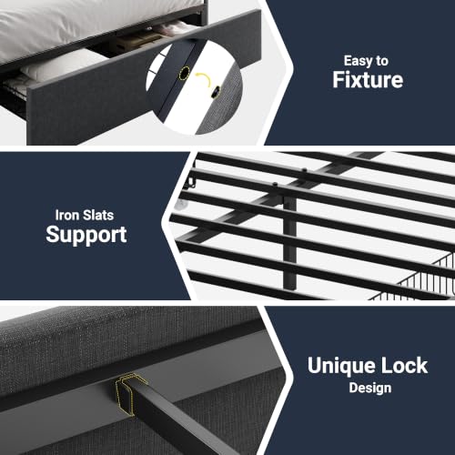 Image of Allewie Full Size Platform Storage Bed Frame with 3 Drawers, Dark Grey | Fabric Upholstered, Metal Slats Support, No Box Spring Needed, Noise Free, Easy Assembly
