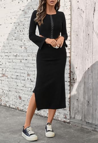 olrain Y2K Women 2 Piece Outfits Long Sleeve Boat Neck Crop Top High Waist Slit Bodycon Skirt Sets Ribbed Knit Spring Fall3