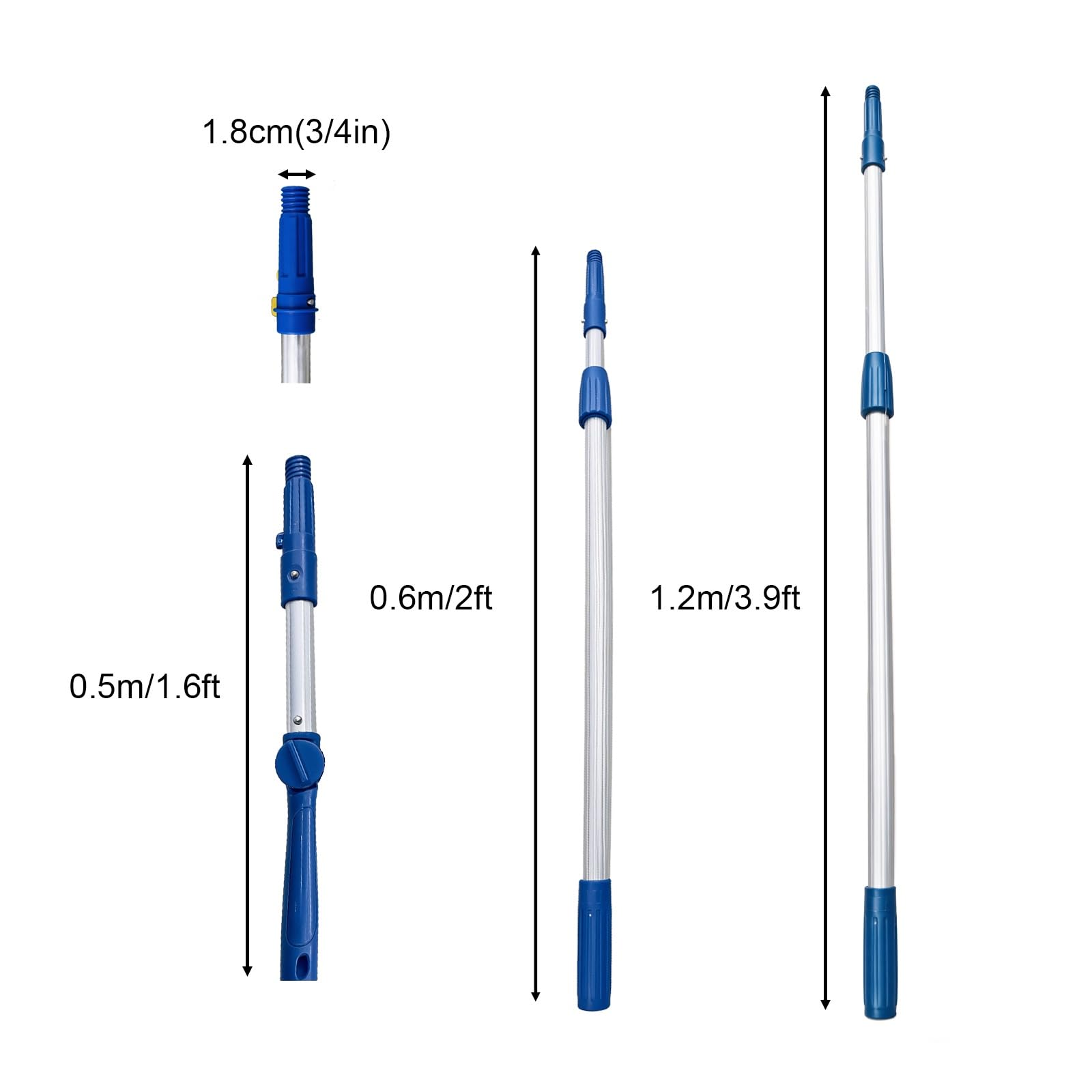 2-teilige Leichte Aluminium Teleskopstange, Verlängerungsstange | Teleskopstange mit Universalgelenk & Verschluss für Farbrolle, Staubwedel, Fensterabzieher(1.2m/3.9ft+0.5m head)