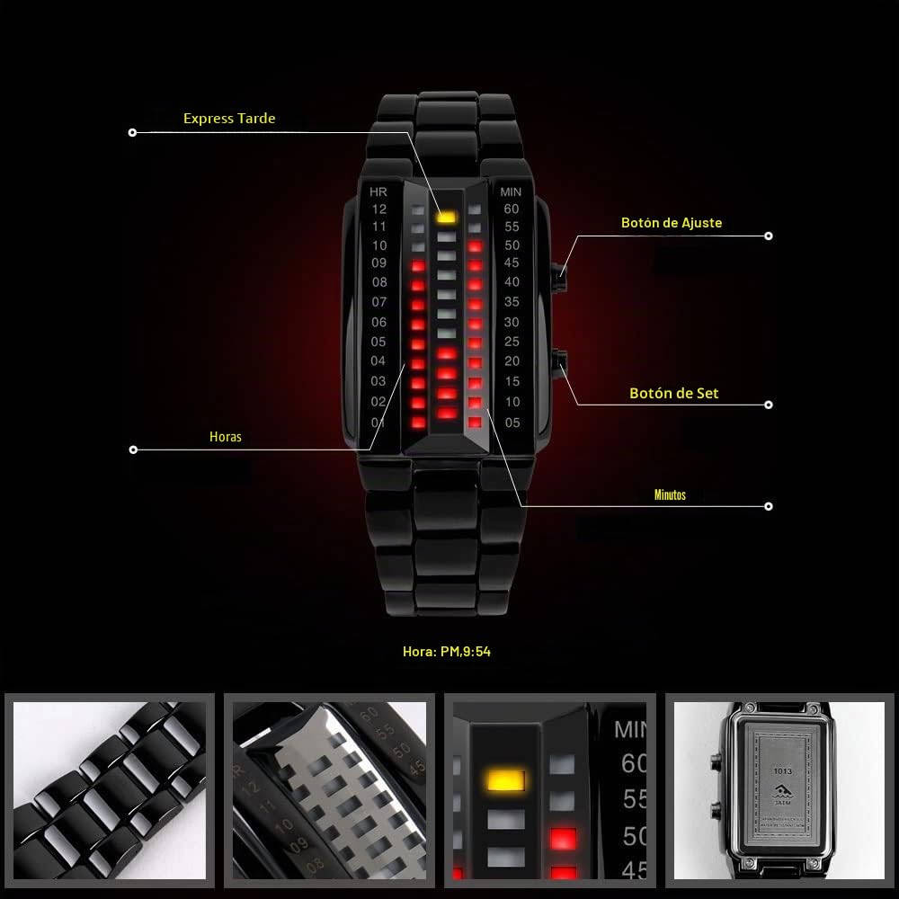 Fashion Binario Digitales Relojes de Pulsera de Hombre y Mujer Calendario Rojo Amarillo LED Luminosidad Unico Negro Rectangular Acero Inoxidable Reloj Casual Estilo
