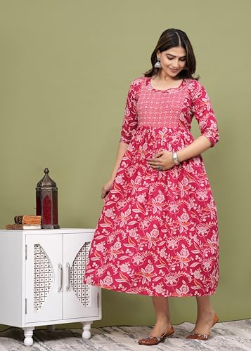 Image of Women's Feeding Kurta Cotton | Floral Anarkali Pregnancy Kurta with Nursing Zipper | Pre & Post Partum | Maternity Dresses | Mom to Be Gift