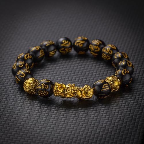 2pcs Feng Shui Bracelet for Men Gold Pixiu Bracelet Black Obsidian Wealth and Luck Bracelets Stretch Adjustable Beads Spirit Bracelets Chinese New year Gift2