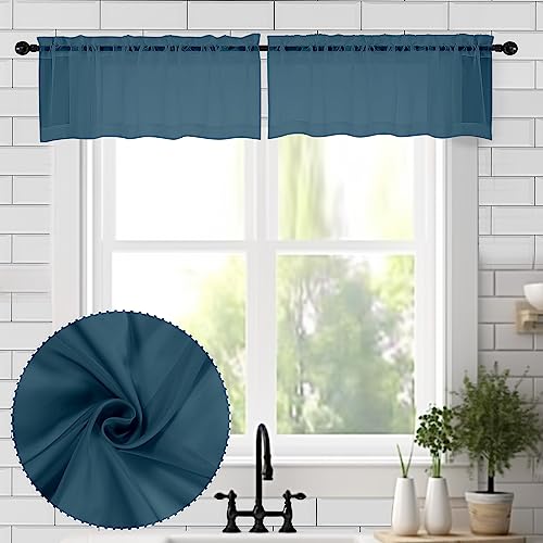 Image of Chyhomenyc Stone Blue Sheer Valances for Windows 2 Pack, 42Wx14L Inches Small Valance for Living Room Bathroom Cafe Laundry Basement, Elegant Haze Blue Voile Valance