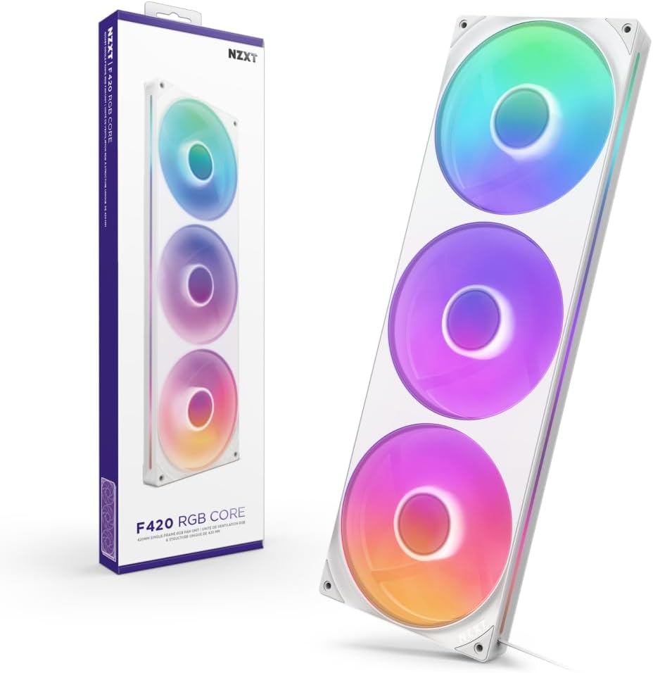 F420 RGB Core - 420mm Single-Frame RGB Fan Unit - White | 420mm single-frame unit with three 140mm RGB fans on one cable. Speed and lighting controlled through CAM.