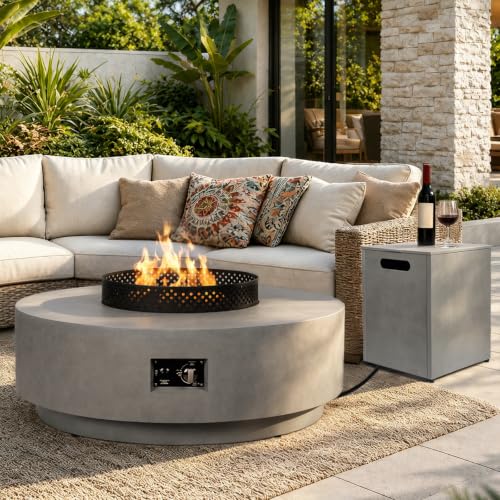 Image of Gas Fire Pits for Outside Patio, 42 Inch 3-PC Propane Fire Pit Table | 65,000 BTU Round Gas Firepit, with Wind Guard, Tank Cover, Rain Cover and BBQ Grill for Garden, Patio, Grey