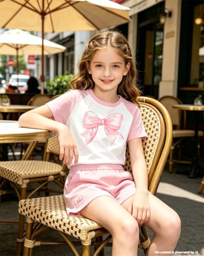 Image of Bestuline Girls Summer 2 Piece Outfits,Basic Short Sleeve Top & Shorts Set with Side Pockets,4-14Y