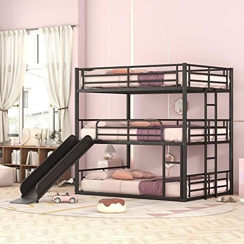 EMKK Full Size Triple Bunk Bed for Kids with Built-in Ladder,Full Size Metal Bunkbeds with Safety Guardrails,Can Be Separated Into 3 Twin-Size beds,Noise Free for Dorm,Bedroom,Guest Room