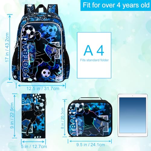 gxtvo 3PCS Boys Soccer Backpack, 17" Kids Football Bookbag with Lunch Box, Water Resistant Middle Elementary Preschool School Bag4