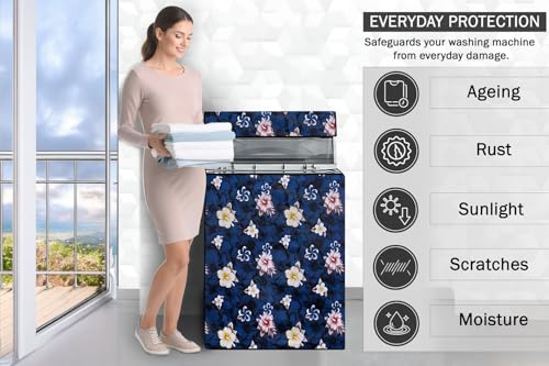 Image of Stylista PVC Washing Machine Cover Compatible for Samsung 7 KG Fully-Automatic Top Load WA70N4420BS /TL, Floral Pattern Blue