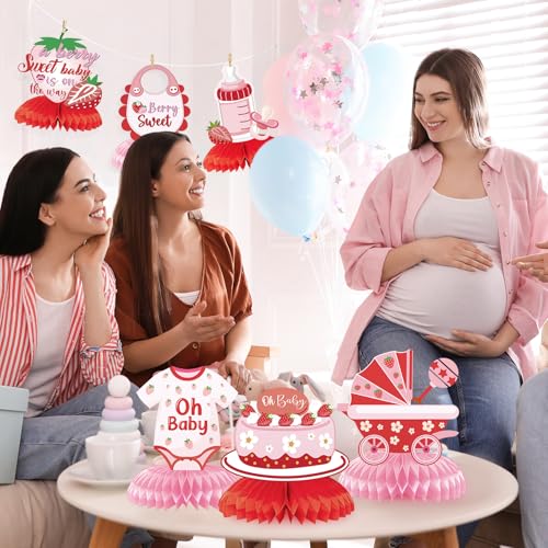 Image of Strawberry Baby Shower Decorations - Berry Sweet Honeycomb Centerpieces 9 Pieces Pink Berry Sweet Baby Shower Decorations Supplies for Girls Gender Announcement Party Table Decor