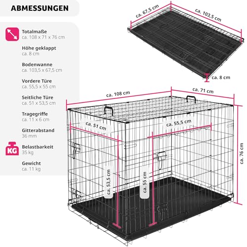 tectake® Hundekäfig, Hundegitter Box, Dog Kennel, Hundebox faltbar, Transportbox stabil, für Hunde und Welpen, für Kofferraum, Auto, Camping und Zuhause, Wohnung - 108 x 71 x 76 cm
