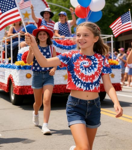 Image of Tkria Girl Crop Tops July 4th Crewneck Tshirt American Flag Patriotic USA Flag Girls Outfit Clothes Size 6-14