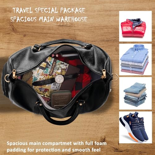 Image of HYATT Leather Accessories Weekender Travel Duffle Bag with Separate Shoe /Laundry Compartment for Men & Women Made of Natural Dry-Milled Leather (Black)
