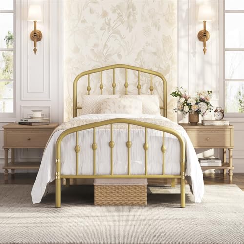 Yaheetech Twin Platform Bed Frame Victorian Crown Headboard 450lb Capacity 13 Under-Bed Space No Box Spring Needed Antique Gold