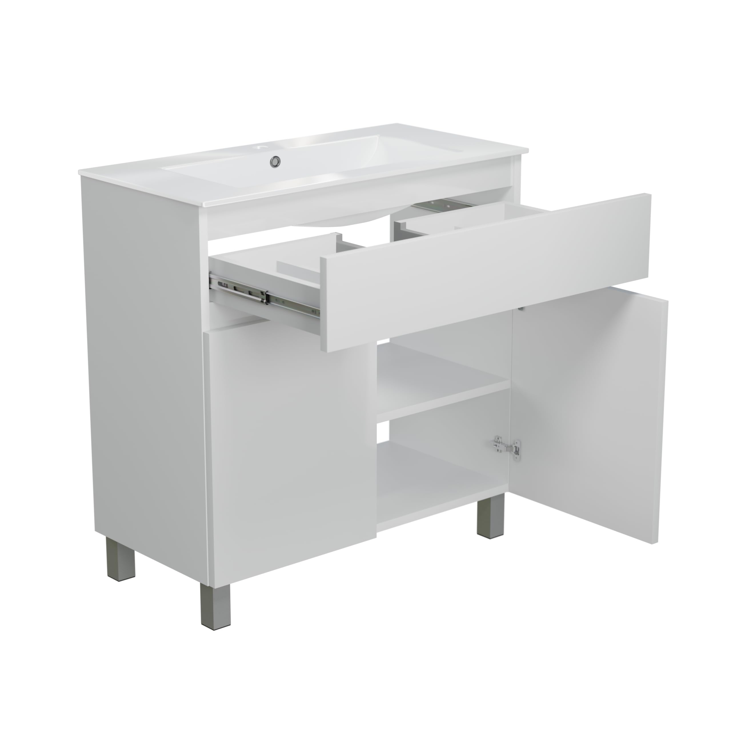 Lavabo ARIZA con mobile largo 80 cm, Lavabo con mobile a 2 ante, Set di mobili da bagno - Bianco opaco/Fronte bianco brillante
