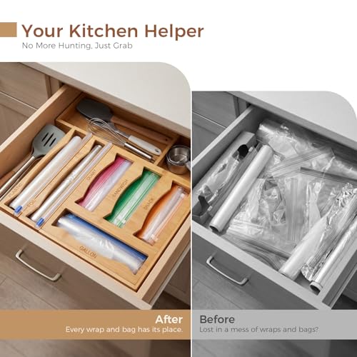 6-in-1 Bamboo Kitchen Drawer Organizer for Storage Bag, Foil & Plastic Wrap
