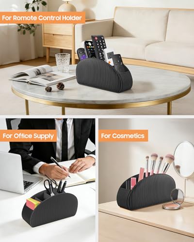 Image of SITHON Remote Control Holder with 5 Compartments - PU Leather Remote Caddy Desktop Organizer Store TV, DVD, Blu-Ray, Media Player, Heater Controllers, Stripe Black