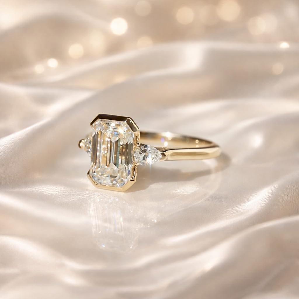 Emerald Cut Moissanite Ring 18K Yellow Gold Three Stone Engagement Ring Bezel Set Minimalist Ring Handmade Fine Jewelry Gift for Her - Image 4
