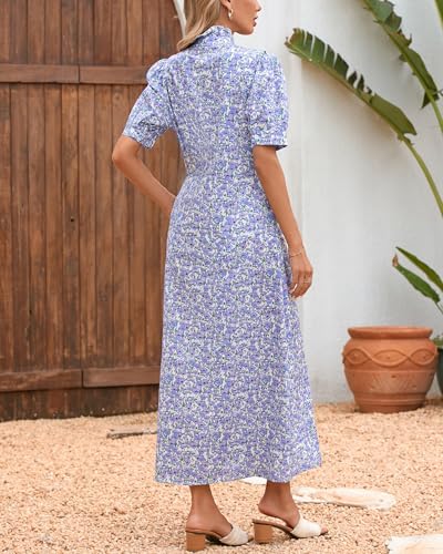 Women's Summer Floral Midi Dress Casual Ruffle Neck Puff Sleeve Button Down Shirt Dresses，No Stretch3