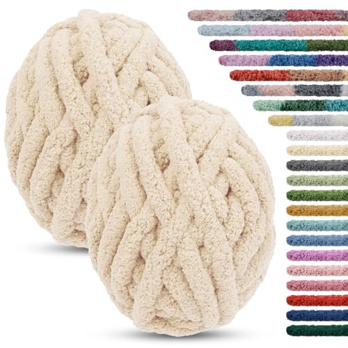 LEREATI 2 x 25.6m Pelote Laine Grosse Maille 2cm Fil Laine Chenille Crochet Grosse Laine à Tricoter à la Main Laine Velours pour Couvertures Lit pour Animaux Écharpes Chapeaux (Beige)