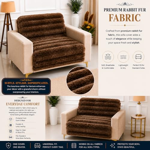 Image of Homerz Premium Rabbit Fur Sofa Cover with Anti-Skid Backing, Soft Plush Fabric Sofa Protector for Living Room Furniture (Brown, 1 Seater, Seat Cover with Backrest)