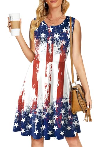Image of Deerose 4th of July Dress for Women Sleeveless American Flag Patriotic Elastic High Waist Sundress