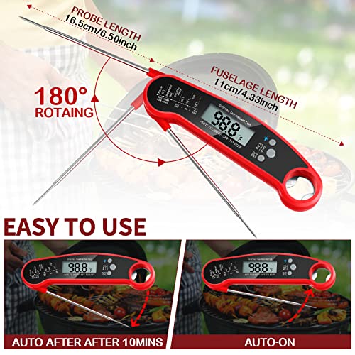Leelosp 3 Pcs Digital Meat Thermometer with Probe Waterproof Fast Read Food Thermometer Kitchen Grilling Cooking Probe with Backlight Magnet and Calibration for Baking BBQ Outdoor, Red and Black