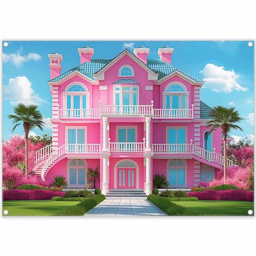 ZTHMOE Fabric 7x5ft Pink House Photography Backdrop Princess Cast...