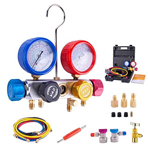 BACOENG 4-weg AC Diagnostische Spruitstuk Gauge Complete Set voor R134A R410A R22, met 150cm Slang, 3 Acme Tankadapters, Verstelbare Snelkoppelingen en Universele Kan Tap