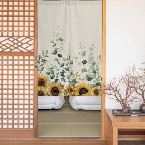 Sauoromeon のれん カーテン 幅85x丈200cm 厚手 遮光 暖簾 ドアカーテン 仕切り 目隠し 通気性 和風 おしゃれ フラット リング対応 ひも付き ユーカリ 木の葉 花 植物 ひまわり 麻布柄 勝手口 玄関 キッチン リビング 春夏秋冬