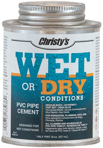 Christy's Wet Or Dry Conditions PVC Cement - Medium Body, Extremely Fast Set, Low-VOC, Aqua Blue, 1/2 Pint (8 fl oz) Christy's Wet Or Dry Conditions PVC Cement - Medium Body, Extremely Fast Set, Low-VOC, Aqua Blue, 1/2 Pint (8 fl oz)