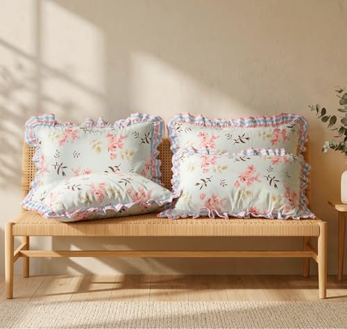 Image of VAS COLLECTIONS Cotton Pillow Covers Set of 4 (18x28 Inch) Rectangular Throw Pillow Cases with Frill Border, Envelope Closure Cushion Covers for Living Room, Bedroom & Diwan (Vintage Parisian)