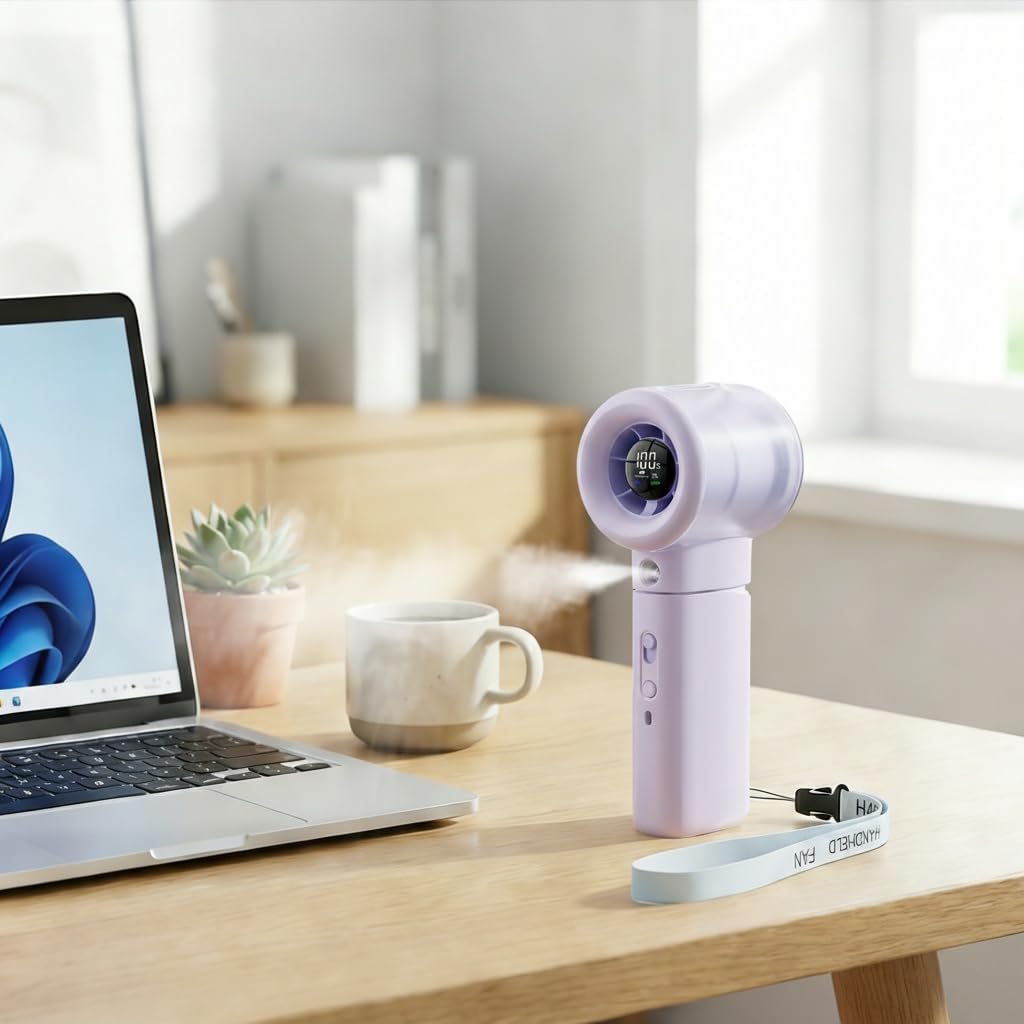 Handheld Portable Fan with Misting, Safety Lock, High Speed & LED Display - Personal Fans Portable Rechargeable, 20000 RPM Turbo Mini Fan for Travel, Outdoor, Home, Office (Purple)