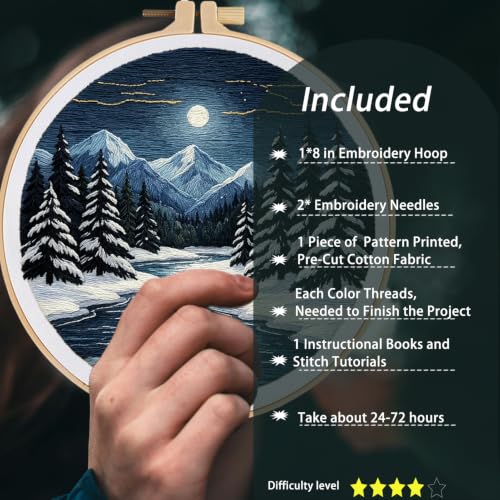 Image of FONNUY Embroidery Kit for Beginners, Boho Nature Landscape Pre-Stamped Pattern Kits for Adults with Hoop, Easy to Follow Color Thread Needlework, 8'' Hoop (Winter Night)