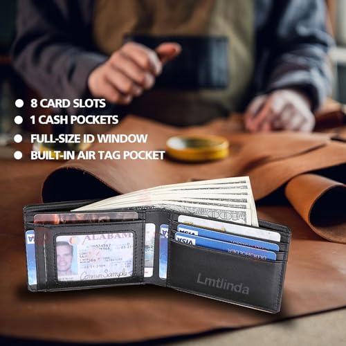 AirTag Wallet Men, Bifold Genuine Leather Rfid Blocking AirTag Wallet with Cash Slots ID Window, Compatible Apple Air Tag,Holds to 12 cards with Gift Box gifts for men (Air Tag Not included)3