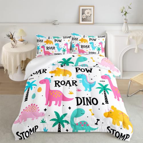 Axolotl Girls Bedding Cartoon Dinosaur Comforter Set Full Size,Cute Dinosaur Bedding Set for Girls Teens Kids Boys Adults Room Decor,Kids Comforter Set All Season,1 Quilt 2 Pillow Cases,White