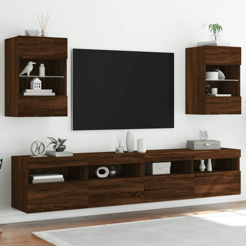 Wandschrank met LED Verlichting, Bruin Eiken, 40x30x60,5 cm - Zwevend TV Meubel met RGB LED, Opbergkast voor Woonkamer, Slaapkamer, Wandgemonteerde Multimedia Kast met Glazen Plank