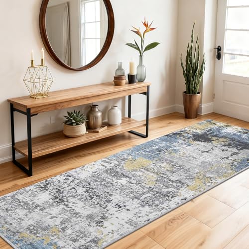 SOANNY Runner Rug, 60x180 cm Abstract Low Pile Carpet, Non-Slip Washable Area Mat for Bedroom, Hallway, Kitchen, Laundry, Entryway, Utility, Beside Sofa, Office, Blue Gold