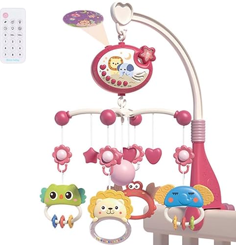 Kadii Mobile Babybett Kinderbett Krippe mit Timing-Funktion & Stern Projektor Baby Crip, Fernsteuerung Spieluhr mit Musik & Licht, Geschenk Baby Spielzeug für 0-24 Monate (Rot)