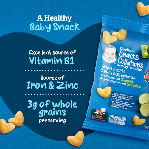 GERBER Veggie Hearts Zucchini, Baby Snacks, 10 Months & Up, Source Of Vitamin B1, Iron & Zinc, 3g Whole Grains, Made with Real Zucchini, No Artificial Flavours or Colours, No Added Sugar, No Added Salt, Case of 6, 210 g - Image 5