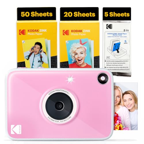 Image of Kodak Printomatic+ Full Color Instant Print Digital Camera (Pink) 75 Sheets Bundle, 10MP, RGB LED Indicator, Prints On Zink 2x3 Sticky-Back Photo Paper