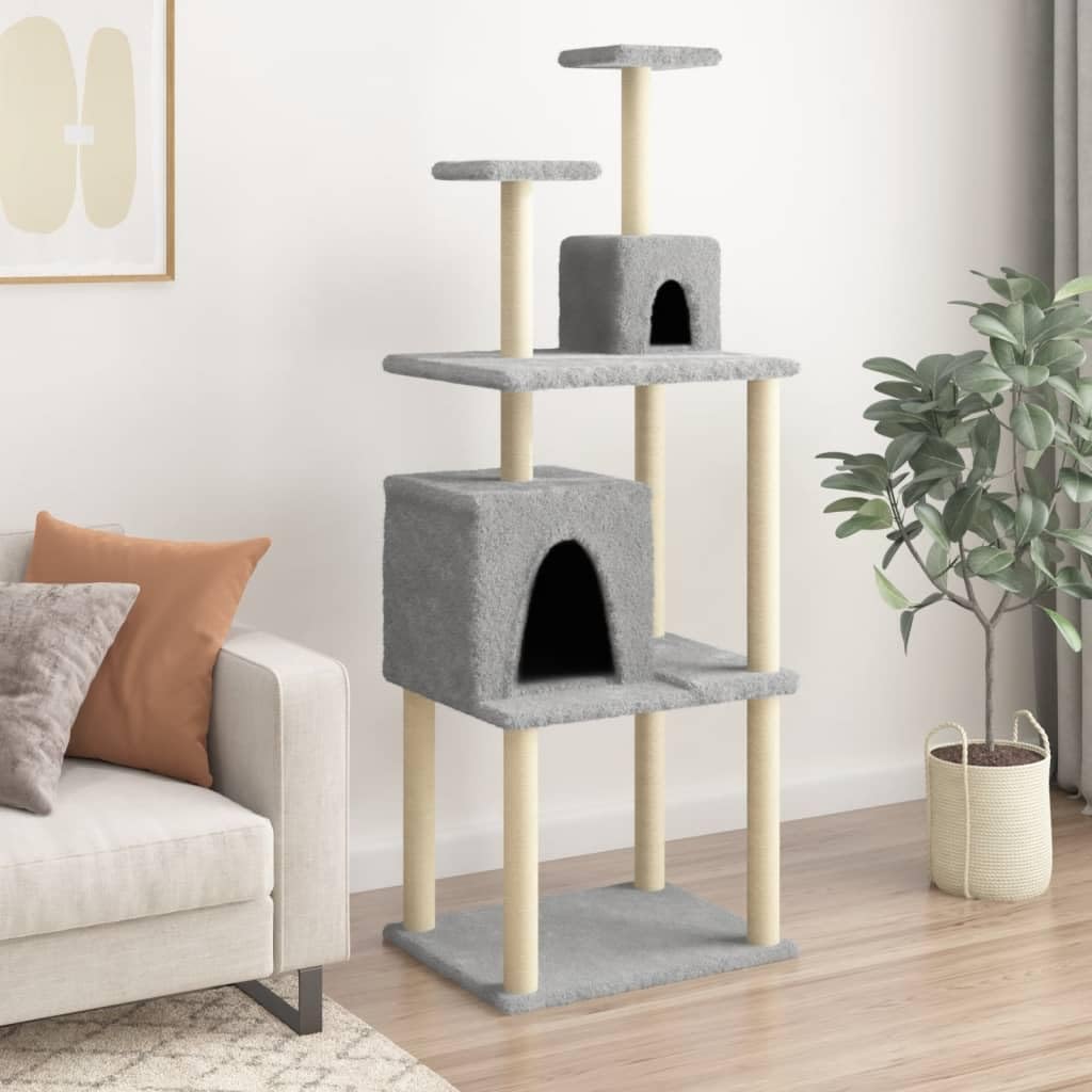 Kratzbaum groß 167 cm mitSisal-Kratzsäulen, Katzenbaum mit 2 Katzenhäusern und Plattformen, Kletterbaum Kletterturm für Wohnungskatzen, Hellgrau