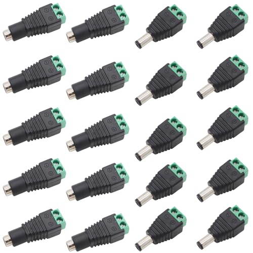 12V DC Plug 5.5mm x 2.1mm, 10 Pairs DC Power Connector Jack Barrel Adapter for CCTV Security Camera and LED Strip (10PCS DC Male Plug + 10PCS DC Female Adapter)