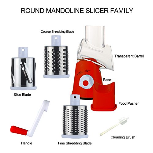 Cambom Rotary Cheese Grater Hand Crank Cheese Shredder for Fresh Cheese, Vegetable, Nuts,Non-slip Suction Base，Three Blades,Red - Image 8
